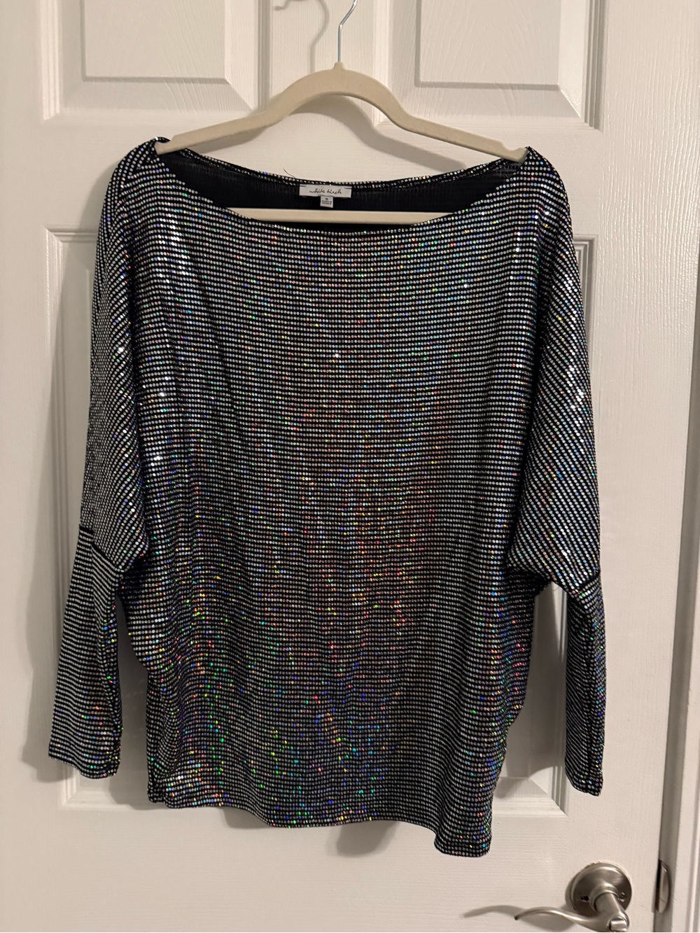 white birch Black Sequin Boatneck Top with Holographic Sparkle